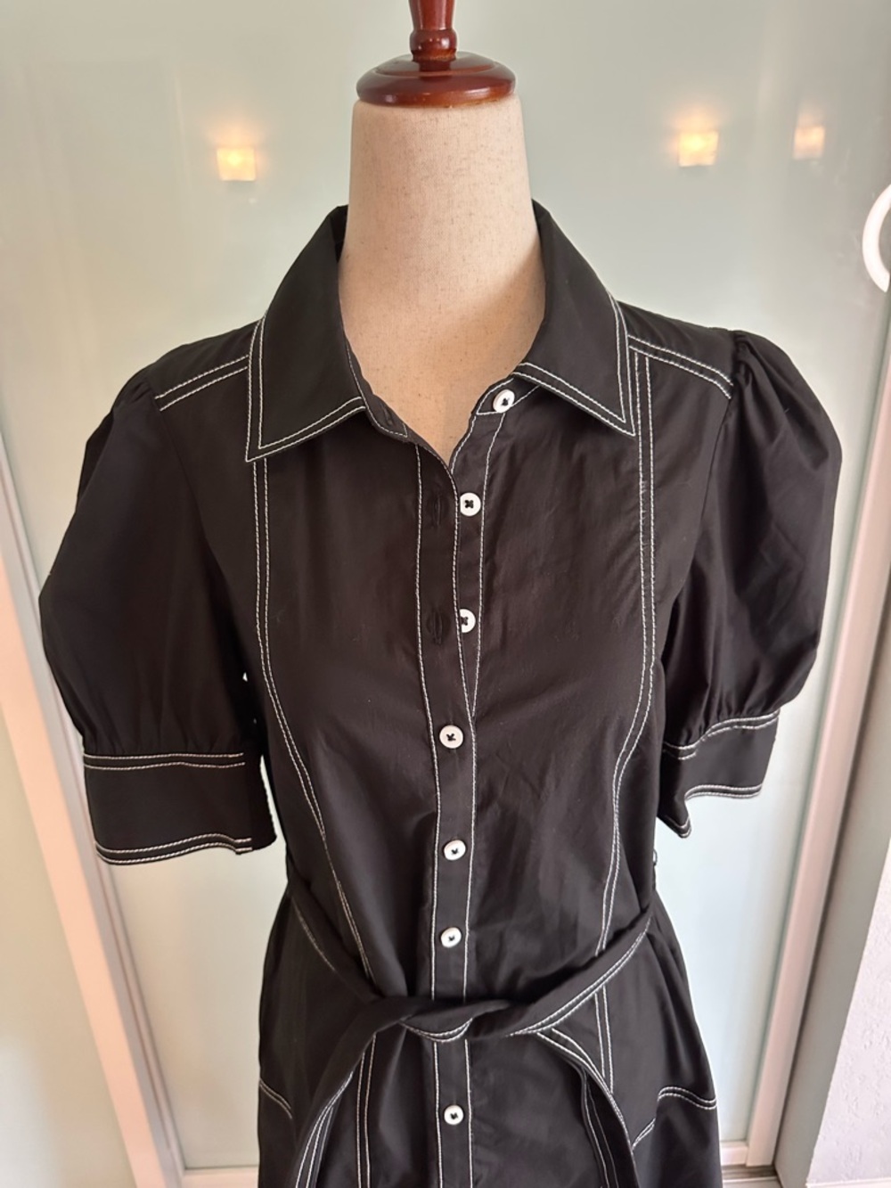 New w tags. Cotton, Black Button-Front Shirt Dress with White Contrast Stitching - Picture 4 of 7